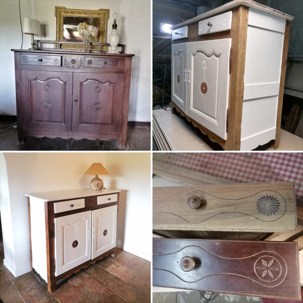 Cette image représente un vieux buffet marron en cours de relooking, et des photos de détails.