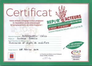 Cette image représente un certificat d'adhésion au réseau Répar'acteurs Occitanie.